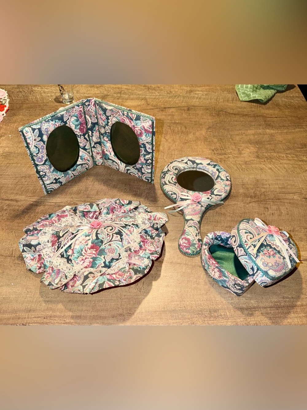 Vintage 4 Piece Floral Fabric Vanity Set Heart Jewelry Box Mirror Frame